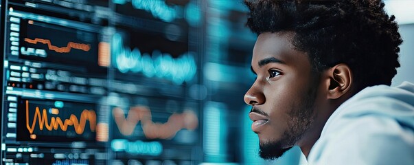 Poster - Student progress ai idea. Focused individual analyzing data on advanced computer screens in a modern workspace.