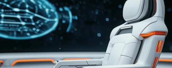 Poster - Automated teaching ai idea. Futuristic white chair with sleek design and advanced holographic interface background.