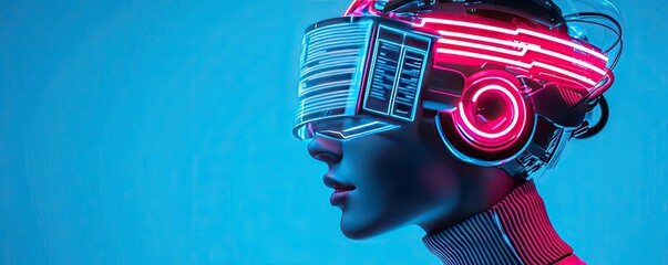 Poster - Automated teaching ai idea. Futuristic mannequin with neon lights and advanced tech visor against a blue background.