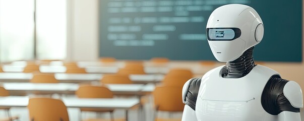 Aufkleber - Automated teaching ai idea. A humanoid robot stands in a modern classroom setting ready for educational activities.