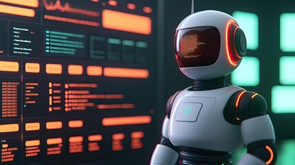 Aufkleber - Intelligent tutoring ai concept. Futuristic robot interacting with digital interface and data visualization.