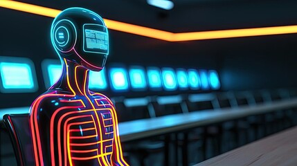 Poster - Intelligent tutoring ai concept. Futuristic robotic figure illuminated with neon lights in a modern space.