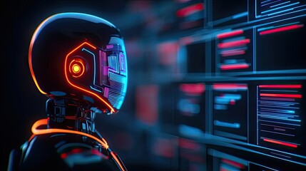 Aufkleber - Intelligent tutoring ai concept. Futuristic robot analyzing data in a neon-lit environment.