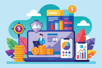 Poster - a colorful finance app visualization with charts, coins, and devices showing customizable financial 