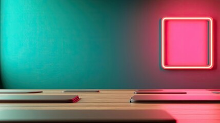 Poster - Automated teaching ai idea. Modern workspace with neon lights and minimalist design, ideal for digital creativity.