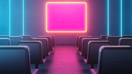 Poster - Automated teaching ai idea. Modern conference room with neon lights and empty chairs ready for discussion.