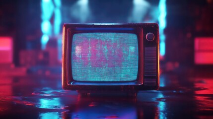 Poster - Retro TV with static screen on reflective surface, neon lights background.