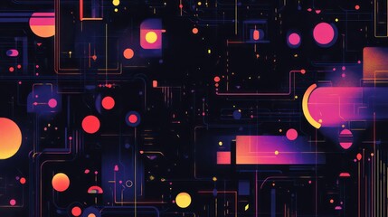 Poster - Abstract digital art with vibrant geometric shapes and glowing lines on a dark background.