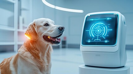 Poster - Pet health concept. A golden retriever interacts with a futuristic robotic device in a modern setting.