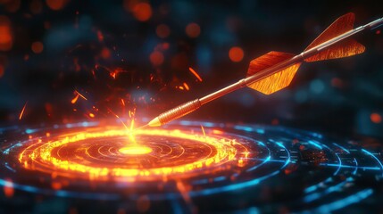 Poster - Fiery arrow striking a glowing circular target, representing achievement and success.