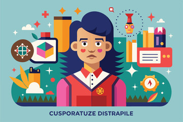 Poster - A young woman with a serious expression is surrounded by colorful design elements and artistic tools First class Customizable Disproportionate Illustration