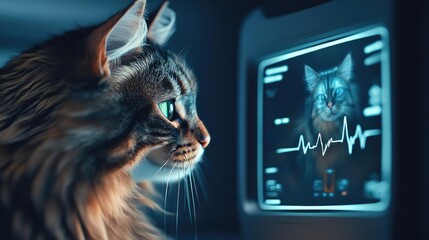 Pet health concept. A tabby cat observing an advanced heartbeat monitor in a veterinary setting.