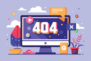 Poster - A bright and colorful error page design with playful graphics and a cheerful layout is showcased on a computer screen fix 404 error page design concept computer screen with error