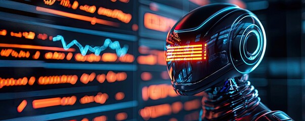 Aufkleber - Pet ai idea. Futuristic robotic figure against a backdrop of digital data and analytics.
