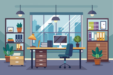 Poster - A tidy workplace with a desk, computer, and plants, creating a productive atmosphere in bright daylight Flat-style modern business workplace