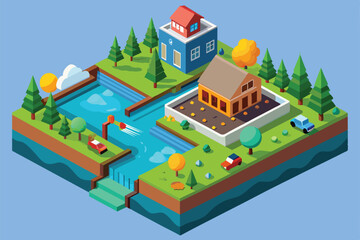 Poster - a scenic view shows homes beside a river with greenery and trees in a tranquil, stylized environment