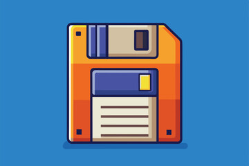 Poster - a simple, colorful illustration of a floppy disk with a blue background, emphasizing retro technolog