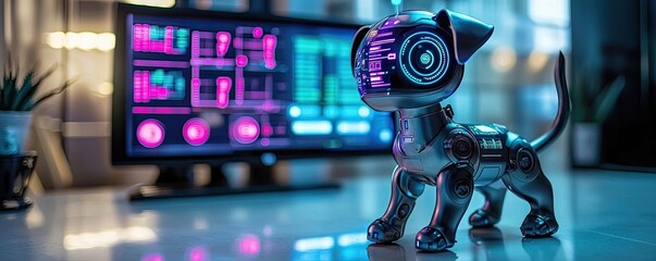 Poster - Pet ai idea. Futuristic robot dog with neon lights and advanced technology in a modern workspace.