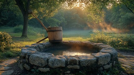 Wall Mural - Sunrise, stone well, wooden bucket, tranquil forest.