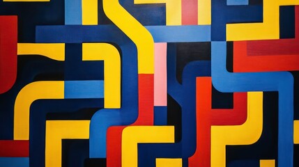 Poster - Abstract geometric painting with vibrant colors; red, yellow, blue, and black shapes creating a complex pattern.