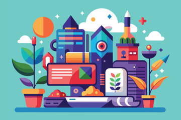 Poster - A vibrant urban landscape showcases buildings, plants, and digital devices under a sunny sky Following Customizable Semi Flat Illustration
