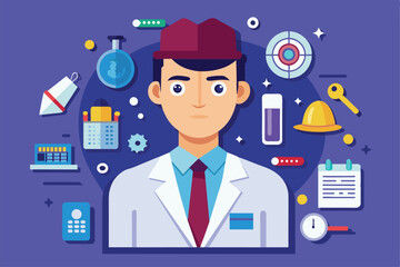 Poster - A forensic expert is surrounded by scientific equipment in a laboratory setting Forensic expert Customizable Flat Illustration