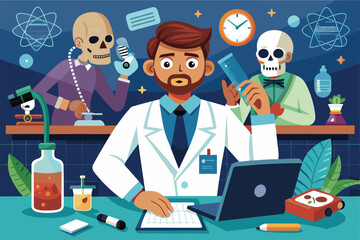 Poster - A scientist analyzes data while skeletal figures assist in forensic medicine experiments Forensic medicine Customizable Cartoon Illustration