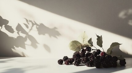 Poster - Sunlit blackberries with leaves and shadow on white surface.