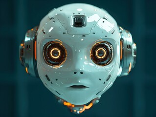 Sticker - Futuristic robot head with glowing eyes. AI.