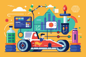Poster - A race car designer works in a vibrant workspace surrounded by technology and design tools Formula Customizable Flat Illustration