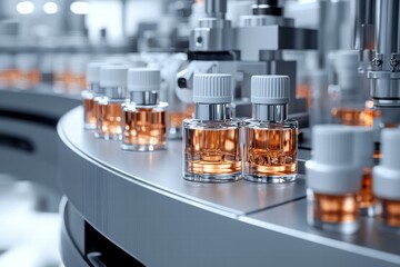 Poster - Perfume bottles on a production line. AI.