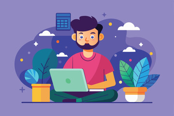 Poster - A person sits cross-legged, focused on their laptop amid greenery and a colorful background Freelancer Customizable Semi Flat Illustration