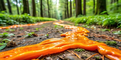 Wall Mural - A long trail of orange slime stretches across the forest floor, nature's mess, natural disaster, orange slime, forest floor, dripping fluid