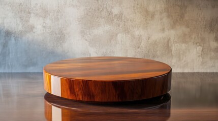 Poster - Polished round wooden platform on dark surface against textured wall.