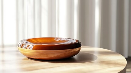Poster - Modern wooden bowl on a table, sunlit.