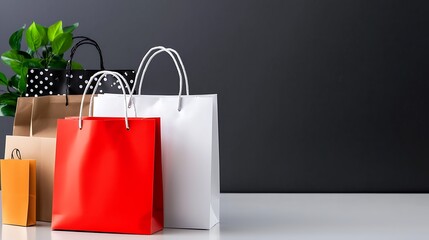 Colorful Shopping Bags on a White Surface Against a Gray Background