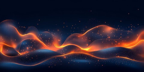 Abstract orange and blue glowing waves with particles.