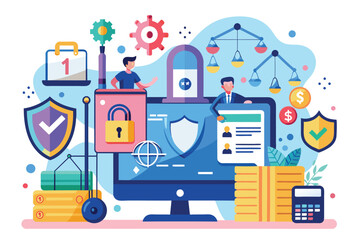 Aufkleber - depicts elements of data protection, compliance, and digital security in a modern workspace setup gd