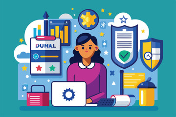Aufkleber - A woman engaged in tasks related to GDPR compliance surrounded by digital security elements and charts Gdpr Customizable Flat Illustration