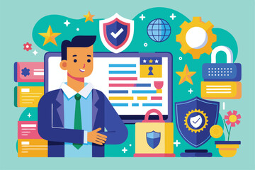 Aufkleber - An individual discusses GDPR compliance, highlighting data protection elements in a colorful and engaging environment Gdpr Customizable Semi Flat Illustration