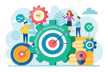 Poster - individuals collaborating to enhance focus and teamwork while reaching their goals through a gear sy
