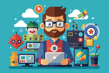 Poster - A convention attendee interacts with technology and creative gadgets, showcasing a fun and engaging environment Geek convention Customizable Flat Illustration
