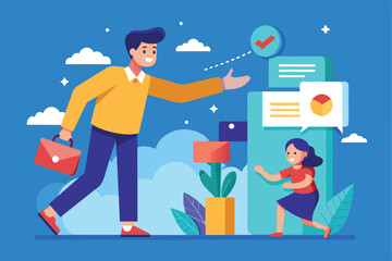 Poster - A man approaches a girl while holding a briefcase, promoting connection in a colorful outdoor environment Get in touch Customizable Flat Illustration