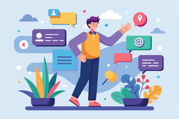 Poster - A person waves to connect within a colorful digital environment filled with chat bubbles Get in touch Customizable Semi Flat Illustration