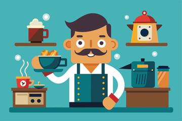 Wall Mural - A barista holds a cup of coffee while surrounded by coffee-making equipment and pastries Getting coffee Customizable Disproportionate Illustration