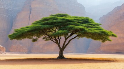 Wall Mural - Majestic Green Tree Spanning Serene Desert Landscape at Dawn