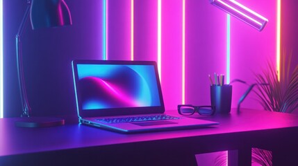 Poster - Neon Nights: Laptop Workspace in Vibrant Pink and Blue