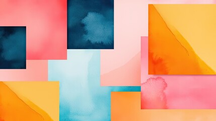 Poster - Square watercolor concept. Vibrant abstract watercolor blocks in orange, pink, and blue hues for design use.