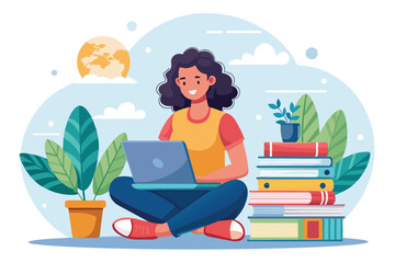 Poster - A girl works on her assignment using a laptop while sitting on a stack of books girl with laptop sitting on books doing assignments online education
