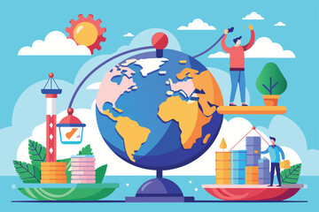 Poster - individuals interact with a globe, showcasing the balance of globalization and cultural diversity gl